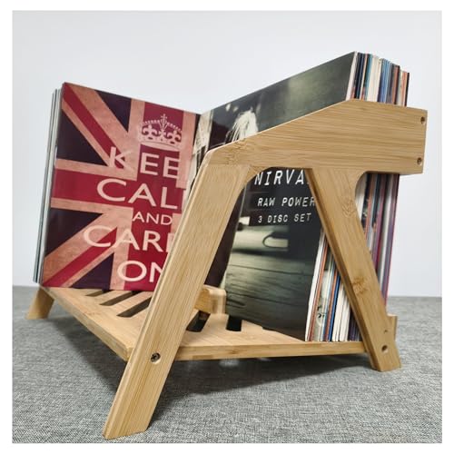 Natural bamboo vinyl record holder with a curved chair-style back full of LPs