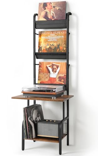 Bikoney black record player stand with 200 albums stored and covers displayed face-out