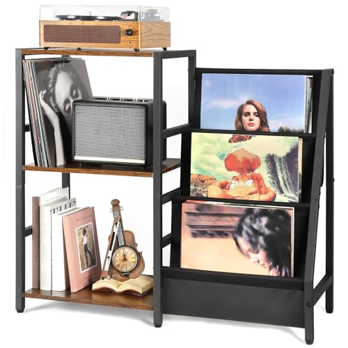 A retro three-tier turntable stand holding a record player on top with vinyl records stored on the shelves below