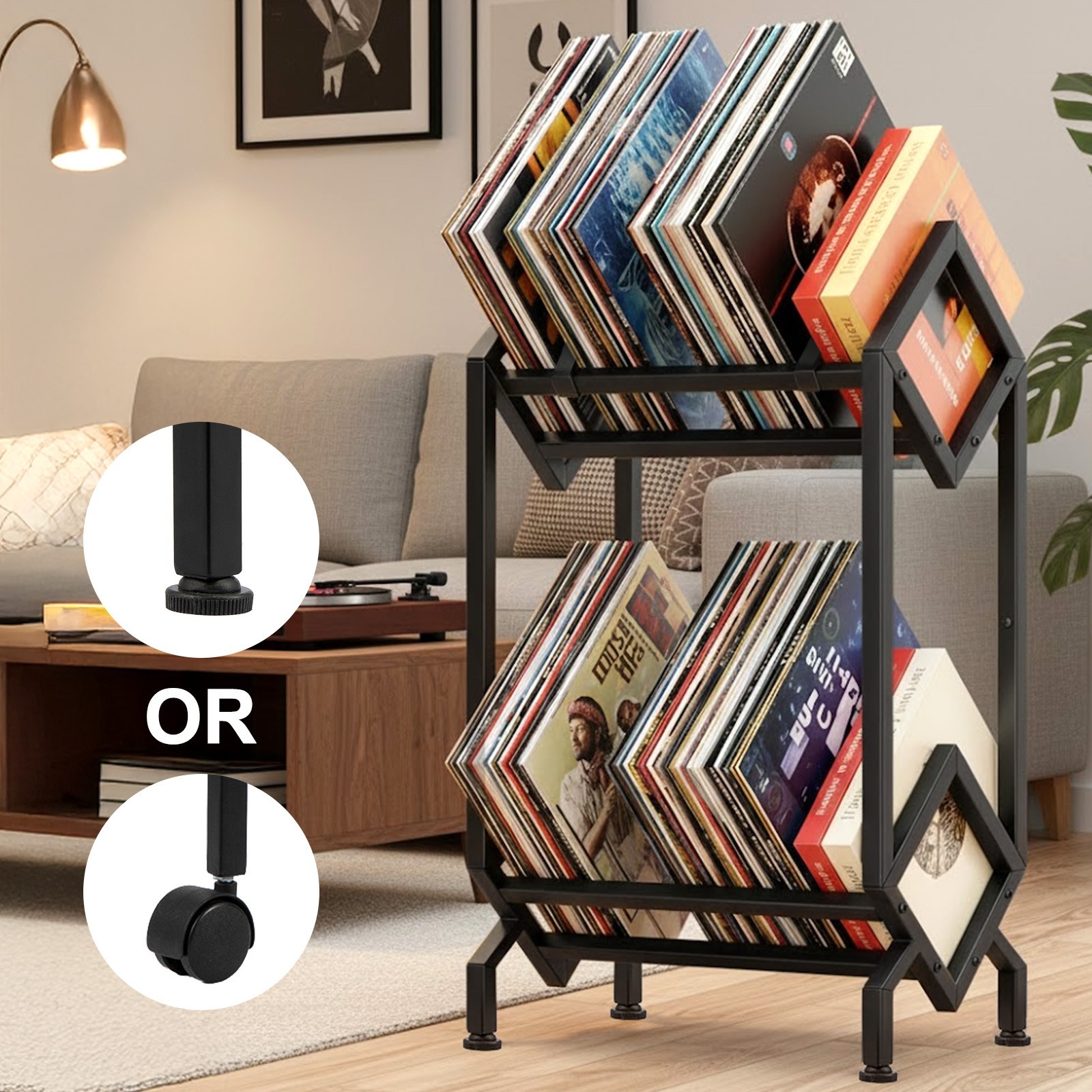 Two-tier black metal vinyl record rack filled with LPs next to a turntable, showing wheel and feet options