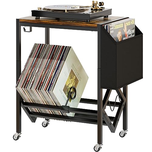 Eknitey turntable stand with a record player on top and albums stored underneath