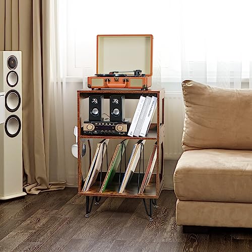 A rustic record player stand doubling as a living-room end table, with records stored beneath the turntable