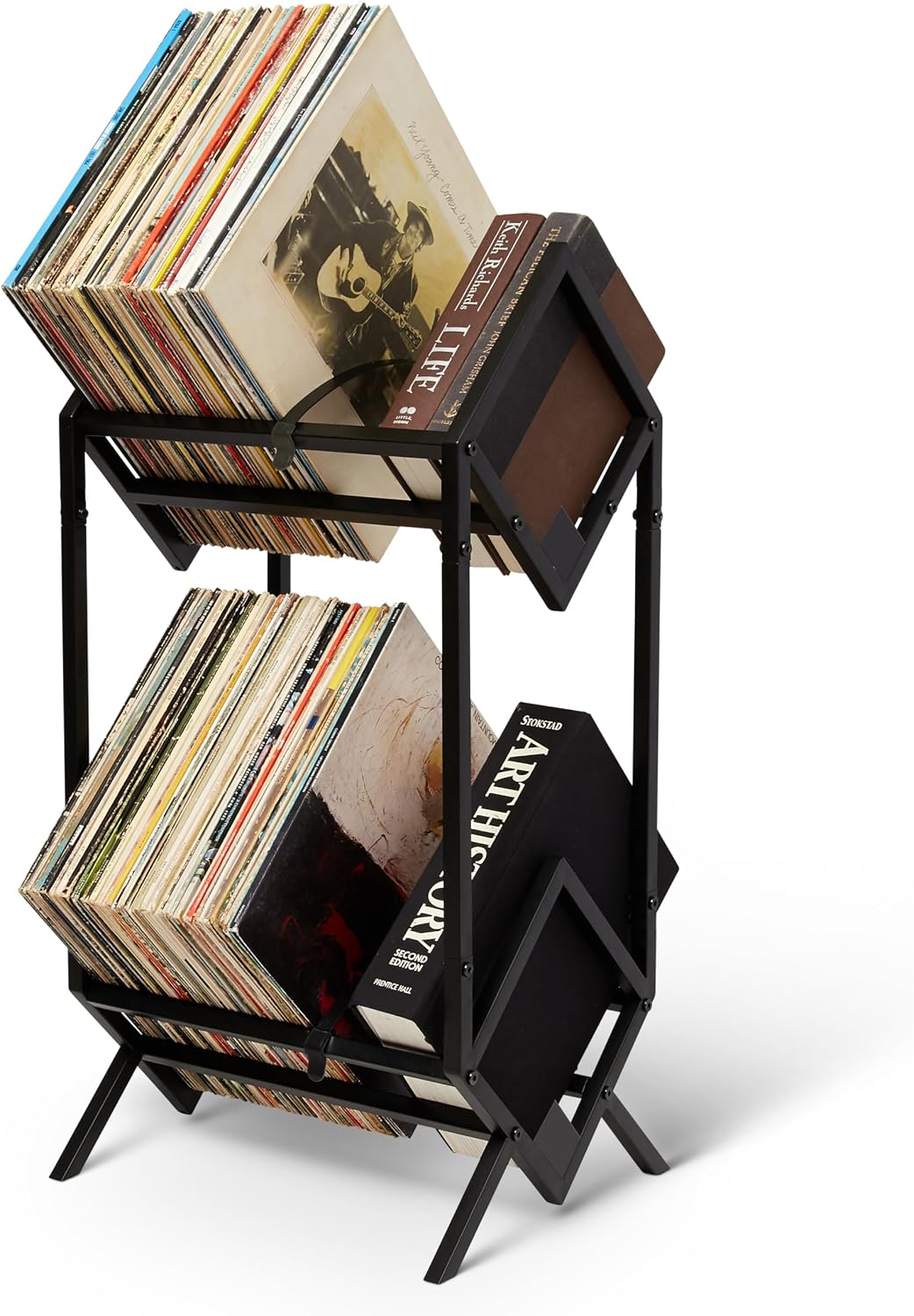 Matte black two-tier vinyl record rack filled with LPs and books