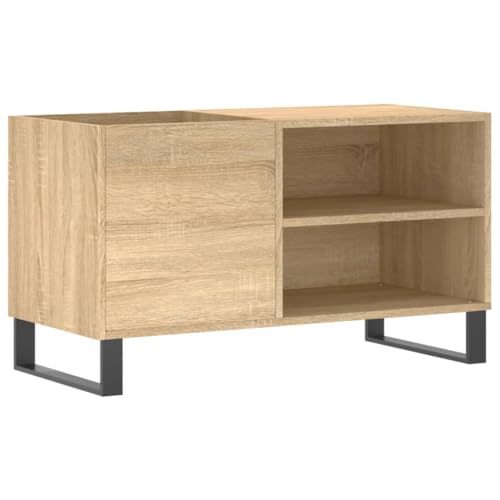 Sonoma oak record cabinet on black iron feet with a clean modern front