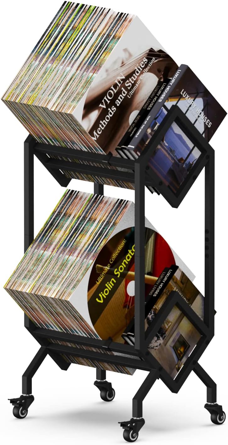 Black metal two-tier rolling vinyl record rack with LPs and books